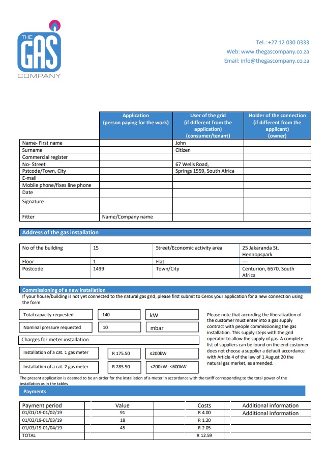 South Africa The GAS Company gas utility bill template in Word and PDF format